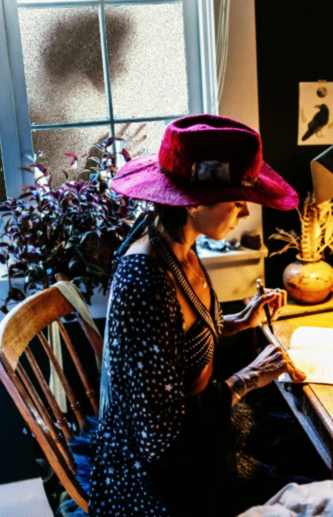 Woman wearing a pink floppy hat writing at a desk. Behind her, is a shadowy figure looking through frosted glass at her, or most likely, her hat. Image by Olen from images from Stockphoto