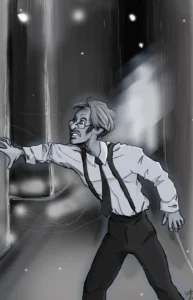 Exhausted bloke in white shirt, braces and tie. Behind him a ghostly figure shimmering. black and white.