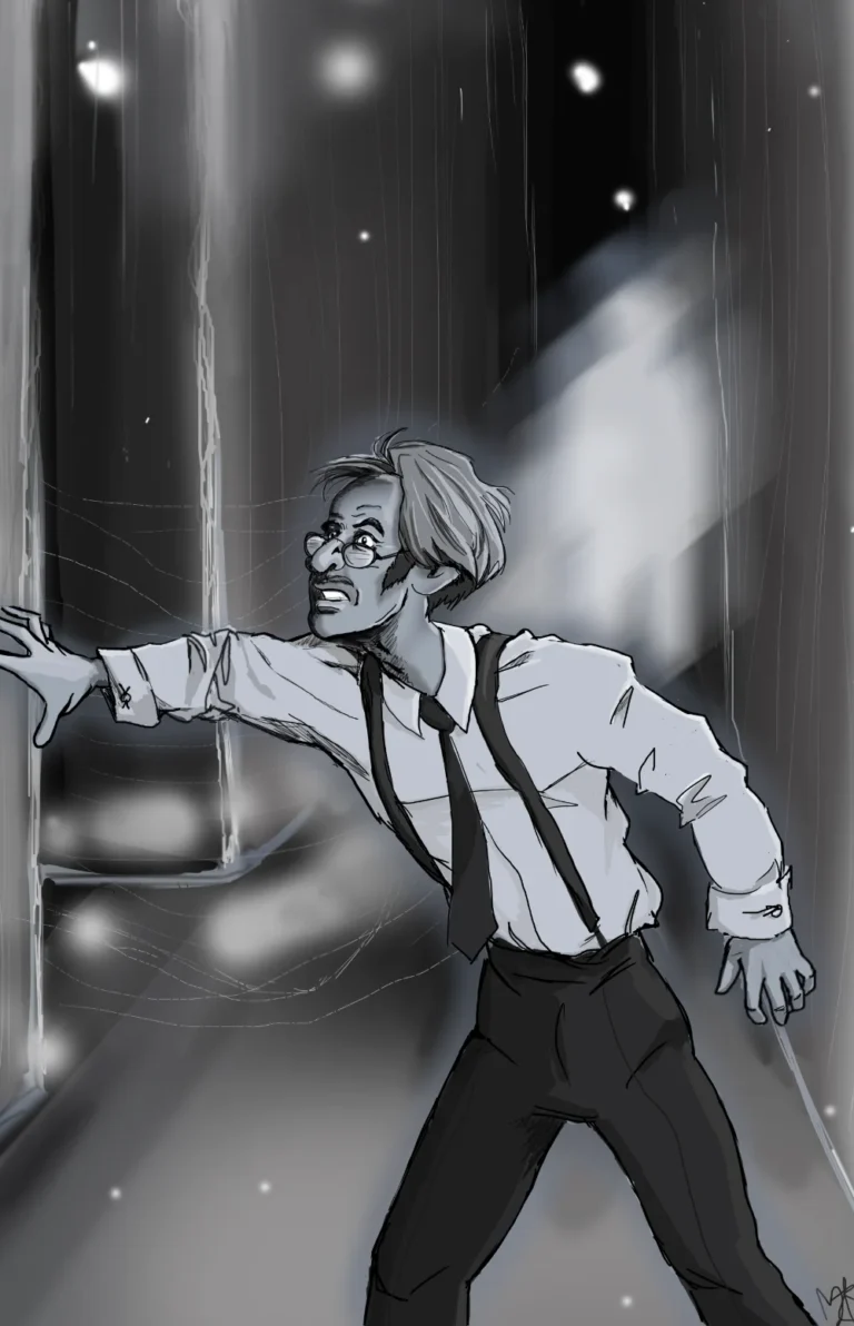 Exhausted bloke in white shirt, braces and tie. Behind him a ghostly figure shimmering. black and white.