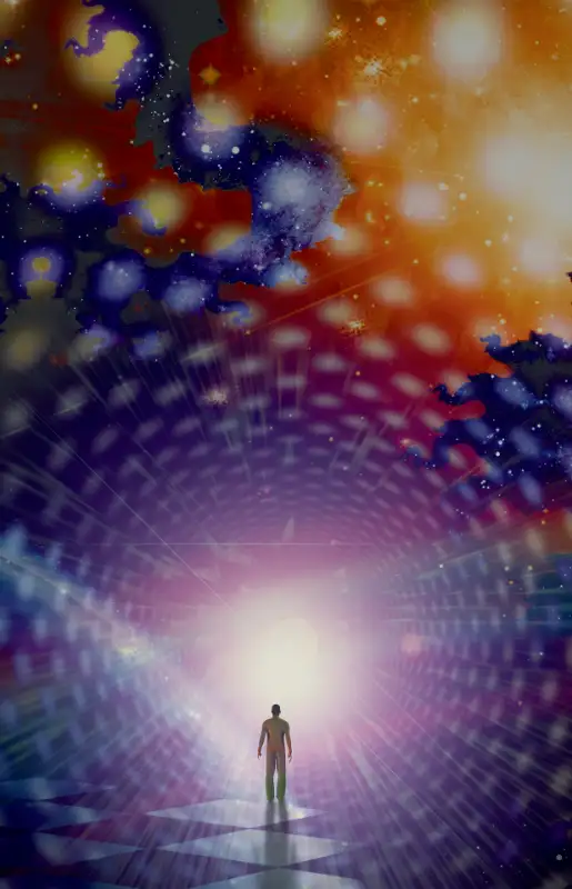 A silhouetted figure stands at the edge of a radiant, swirling tunnel filled with vibrant colors and lights, suggesting a journey into a cosmic or spiritual dimension. The scene conveys a sense of exploration and enlightenment, yet with a sense of loneliness and loss.