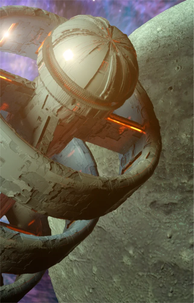 Curious multi-level spaceship orbiting a green planet.