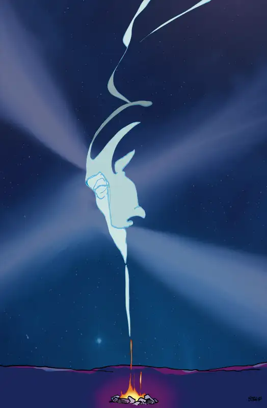 Smoky face emerging from a small campfire.