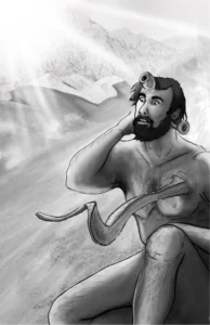 Naked bearded man looking stressed and puzzled, with a huge twistwd horn protruding from his chest.
